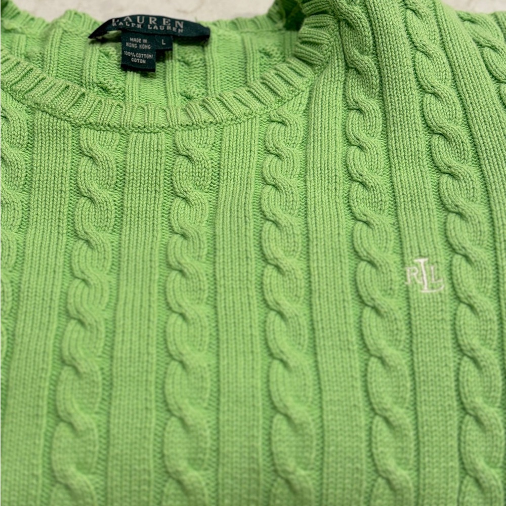 Ralph Lauren Bright Green Cable Knit Cotton Sweater Women’s Size L Spring Preppy